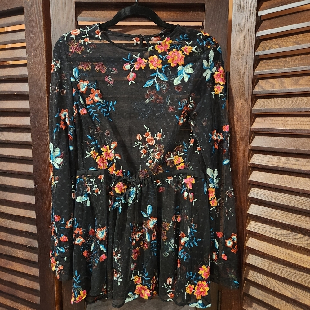 Zara Black Sheer Top with Colorful Floral Embroidery